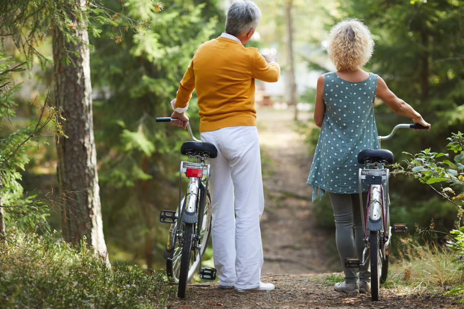An older couple wheeling bicycles along a forest path