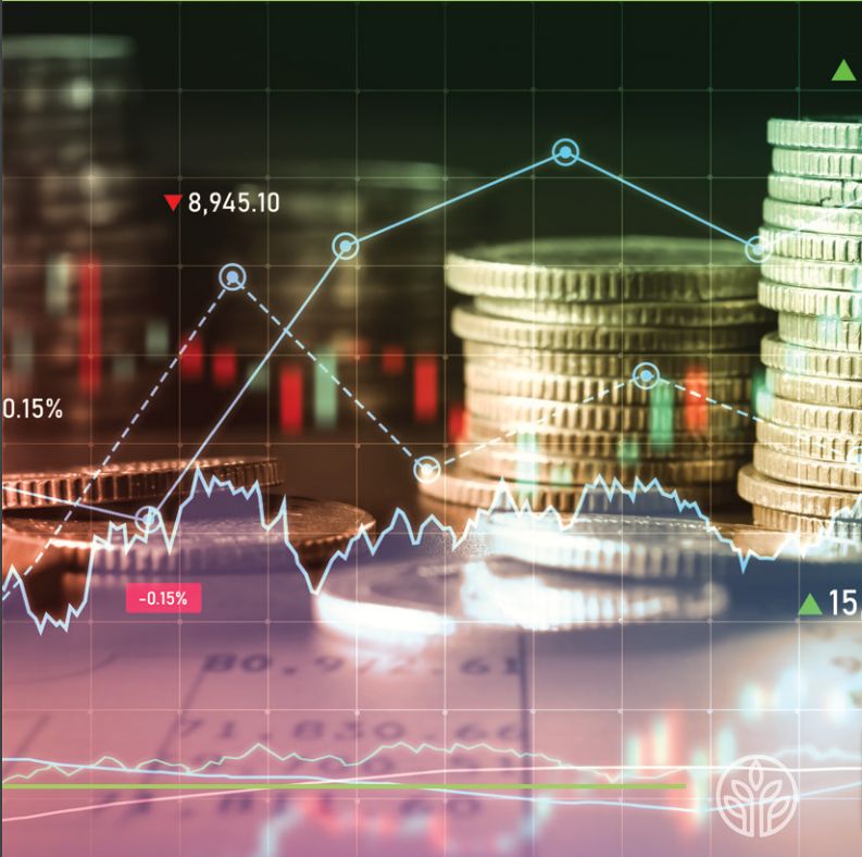 Coin stacks behind a rising market chart