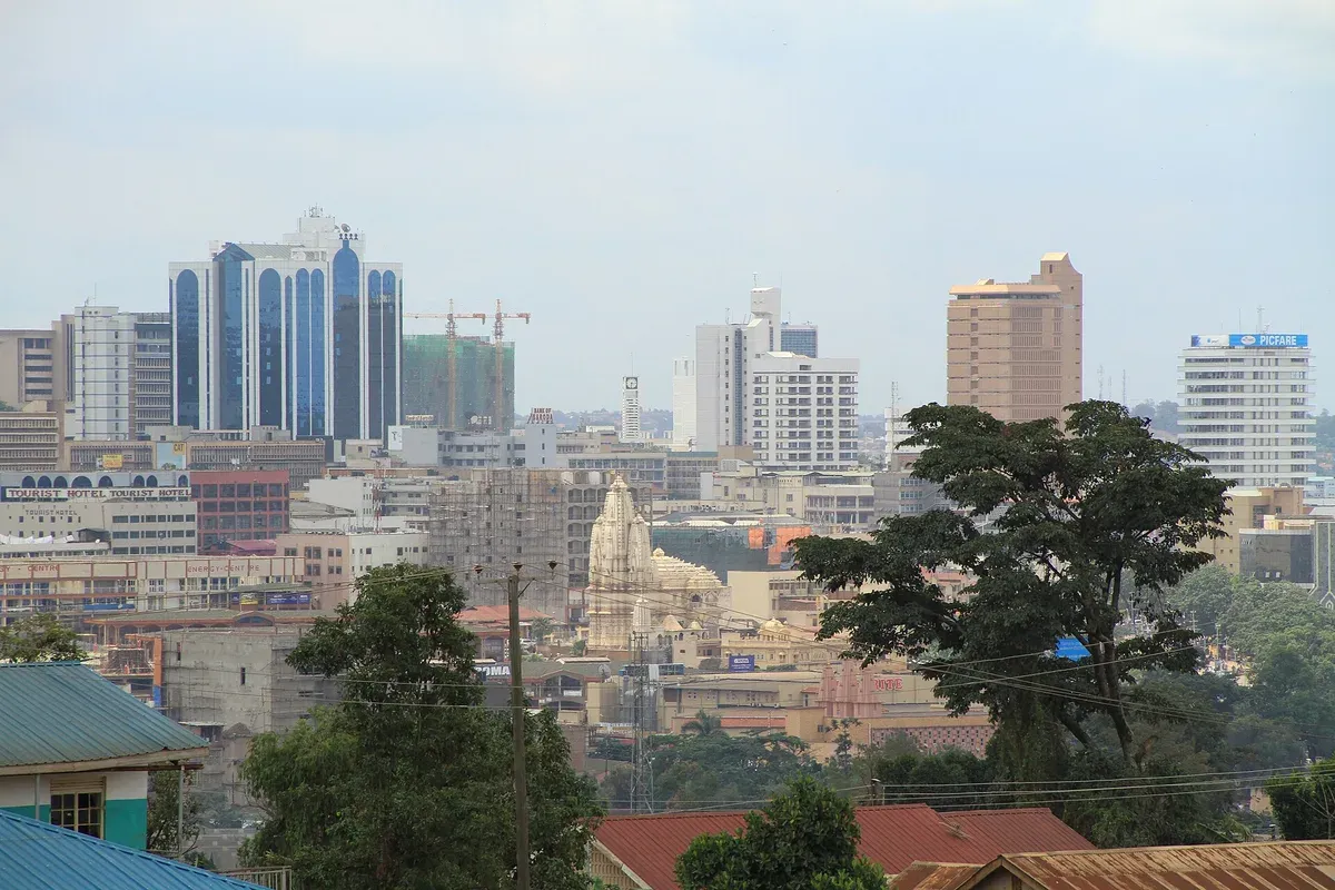 Kampala’s skyline over the trees
